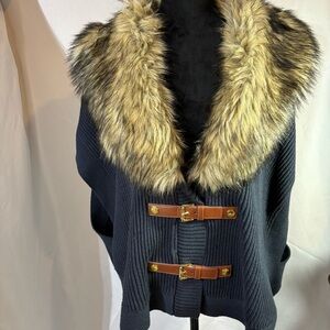 MICHAEL Michael KORS Faux-Fur Buckle Poncho Vest Navy Size L